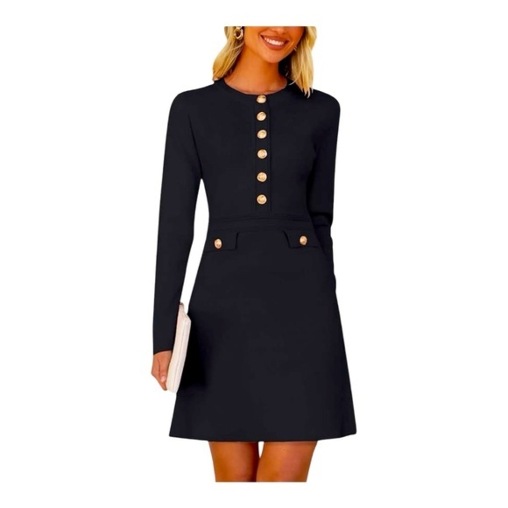 Retro Jackie O Style Black Sweater Dress with Gold Button Detail – Size Small